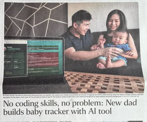 The Straits Times, 16 May 2026, headline: No coding skills, no problem: New dad builds baby tracker with AI tool. Above it, a photo of Frank, his wife and their baby son at home with the tracker open on a laptop.